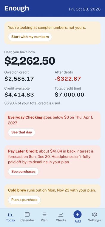 Enough in a phone’s web browser, showing the Today screen with sample numbers