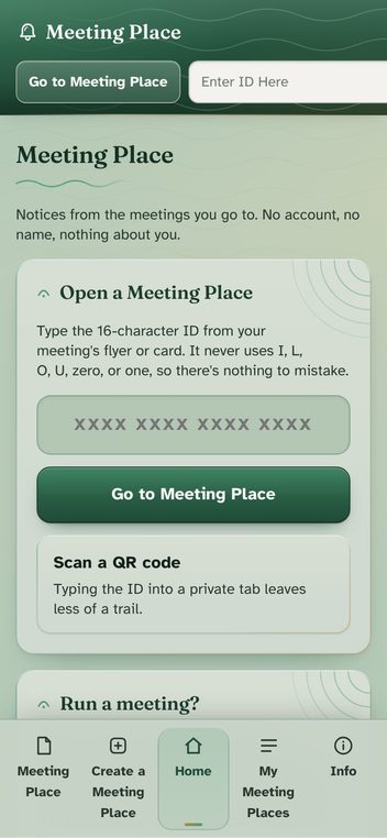 Meeting Place in a phone’s web browser, showing the home screen